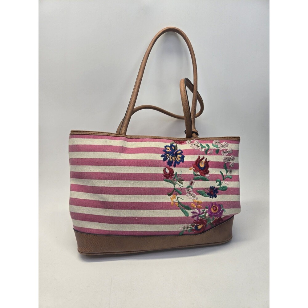 KR Tote Bag Pink White Striped Floral Embroidered Canvas Tan Faux Leather Purse